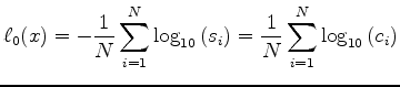 $\displaystyle (\ell_{\sigma})^2(x) =
\frac{1}{N(N-1)}\sum_i^N\left( \mathrm{log}_{10}\left(s_i\right) + \ell_{0} \right)^2 =$