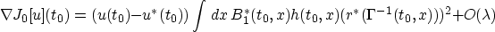 \begin{displaymath}
\nabla J_0[u](t_0) = (u(t_0)-u^*(t_0)) \int \,dx\,B_1^*(t_0,x)h(t_0,x)(r^*(\Gamma^{-1}(t_0,x)))^2 + O(\lambda)\end{displaymath}
