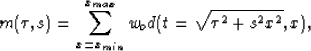 \begin{displaymath}
m(\tau,s) = \sum_{x=x_{min}}^{x_{max}}w_o d(t=\sqrt{\tau^2+s^2x^2},x),\end{displaymath}