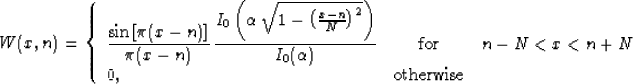 \begin{displaymath}
 W (x, n) = \left\{\begin{array}
{lcr} \displaystyle
 \frac{...
 ...n - N < x < n + N \  0, & \mbox{otherwise} &\end{array}\right.\end{displaymath}