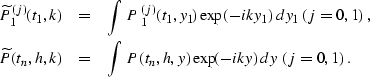 \begin{eqnarray}
\widetilde{P}^{(j)}_1(t_1,k) & = & 
\int\,P\,^{(j)}_1(t_1,y_1)\...
 ...lde{P}(t_n,h,k) & = & 
\int\,P(t_n,h,y)\exp (-iky)\,dy\;(j=0,1)\;.\end{eqnarray}