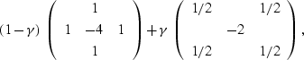 \begin{displaymath}
(1-\gamma) \,
\left(\begin{array}
{ccc}
& 1 & \\ 1 & -4 & 1 ...
 ...
{ccc}
1/2 & & 1/2 \\  & -2 & \\ 1/2 & & 1/2\end{array}\right),\end{displaymath}