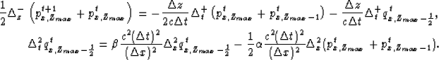 \begin{eqnarray}
\frac{1}{2}\Delta_z^-\left(p^{t+1}_{x,Z_{max}}+p^{t}_{x,Z_{max}...
 ...t)^2}{(\Delta x)^2}\Delta_x^2
(p^t_{x,Z_{max}}+p^t_{x,Z_{max}-1}).\end{eqnarray}
