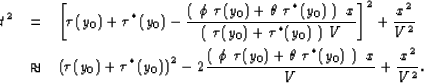 \begin{eqnarray}
t^2 &=& \left[\tau(y_0) + \tau^*(y_0) 
 - \frac{ \left( \ \phi ...
 ...y_0) + \theta \ \tau^*(y_0) \ \right) \ x }{V}
 + \frac{x^2}{V^2}.\end{eqnarray}