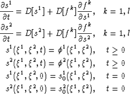 \begin{eqnarray}
\frac{ \partial s^1}{ \partial t} = D[s^1] + D[ f^k] \frac{\par...
 ...1,\xi^2), & t=0 \ 
s^2(\xi^1,\xi^2,0) = s^2_0(\xi^1,\xi^2), & t=0\end{eqnarray}
