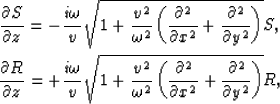 \begin{eqnarray}
\frac{\partial S}{\partial z}=-\frac{i\omega}{v}\sqrt{1+\frac{v...
 ...tial^2}{\partial x^2}+ \frac{\partial^2}{\partial y^2} \right) }R,\end{eqnarray}
