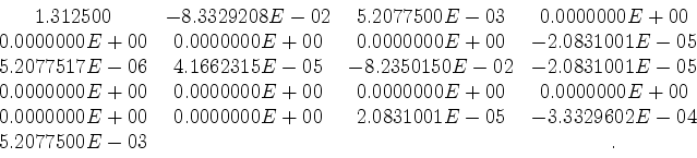 \begin{displaymath}\begin{array}{cccc}
1.312500 & -7.8187048E-02 & 0.0000000E+00...
...00000E+00 & 0.0000000E+00 \\
0.0000000E+00 & & & .
\end{array}\end{displaymath}