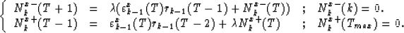 \begin{displaymath}
\left\{\begin{array}
{lllll}
N^{x-}_{k}(T+1)&=&\lambda(\vare...
 ...ambda N^{x+}_{k}(T)&;&N^{x+}_{k}(T_{max})=0. \end{array}\right.\end{displaymath}