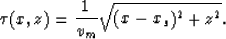 \begin{displaymath}
\tau(x,z)={1 \over v_m} \sqrt{(x-x_s)^2+z^2}.\end{displaymath}