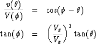 \begin{eqnarray}
{v(\theta) \over V(\phi)} & = & \cos(\phi-\theta) \\ \tan(\phi) & = & \left({V_z \over V_x}\right)^2 \tan(\theta)\end{eqnarray}