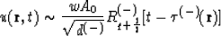 \begin{displaymath}
u({\bf r},t) \sim {wA_0 \over \sqrt{d^{(-)}}} R^{(-)}_{q+{1 \over2}}
[t-\tau^{(-)}({\bf r})]\end{displaymath}