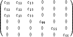 \begin{displaymath}
\pmatrix{c_{11}&c_{12}&c_{13}&0&0&0\cr
 c_{12}&c_{22}&c_{23}...
 ... 0&0&0&c_{44}&0&0\cr
 0&0&0&0&c_{55}&0\cr
 0&0&0&0&0&c_{66}\cr}\end{displaymath}