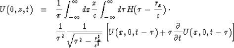 \begin{eqnarray}
U(0,z,t)&=&\frac{1}{\pi}\int_{-\infty}^{\infty}dx \frac{z}{c}
\...
 ...[U(x,0,t-\tau)+\tau\frac{\partial}{\partial t}U(x,0,t-\tau)\right]\end{eqnarray}