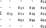 \begin{displaymath}
\begin{array}
{ccccc}
 \cdot & \cdot & \cdot & \cdot & a_{15...
 ...& a_{45} \\  \cdot & \cdot & \cdot & \cdot & a_{55} \end{array}\end{displaymath}