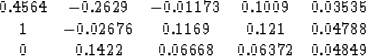 \begin{displaymath}
\begin{array}
{ccccc}
 0.4564 & -0.2629 & -0.01173 & 0.1009 ...
 ....04788 \\  0 & 0.1422 & 0.06668 & 0.06372 & 0.04849 \end{array}\end{displaymath}