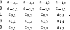 \begin{displaymath}
\begin{array}
{ccccc}
 0 & a_{-2,1} & a_{-2,2} & a_{-2,3} & ...
 ...1,4} \\  0 & a_{2,1} & a_{2,2} & a_{2,3} & a_{2,4} \end{array}.\end{displaymath}