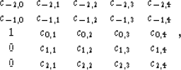 \begin{displaymath}
\begin{array}
{ccccc}
 c_{-2,0} & c_{-2,1} & c_{-2,2} & c_{-...
 ...1,4} \\  0 & c_{2,1} & c_{2,2} & c_{2,3} & c_{2,4} \end{array},\end{displaymath}