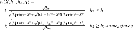 \begin{eqnarray}
\lefteqn{t_2(X,h_1,h_2,t_1)=} \nonumber \\ & {t}_{1}\frac{\sqrt...
 ...^2-X^2]}}}{\sqrt{2}h_2} & h_{2}\geq h_{1}.
\EQNLABEL{same_azim.eq}\end{eqnarray}