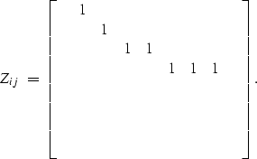 \begin{displaymath}
Z_{ij} \; = \;
\left[
\begin{array}
{ccccccccc}
 &1& & & & &...
 ...\\  & & & & & & & & \\  & & & & & & & & \\ \end{array}\right] .\end{displaymath}