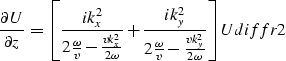\begin{displaymath}
\frac{\partial U}{\partial z}=
 {\left [\frac{ik_x^2}{2{ \om...
 ... v}-{{vk_y^2} \over
 {2 \omega}}}
 \right ]}U
\EQNLABEL{diffr2}\end{displaymath}