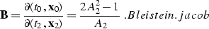 \begin{displaymath}
{\bf B} =\frac {\partial{(t_0,{\bf x}_0)}} {\partial{(t_2,{\bf x}_2)}}=\frac {2A_2^2-1} {A_2}\; .
\EQNLABEL{Bleistein.jacob}\end{displaymath}