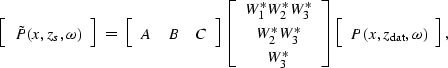 \begin{displaymath}
\displaystyle{
\left[
\begin{array}
{c}
\tilde{P}(x,z_s,\ome...
 ...
\begin{array}
{c}
P(x,z_{\rm dat},\omega)\end{array}\right],
}\end{displaymath}