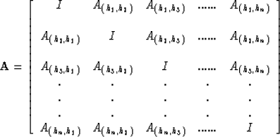 \begin{displaymath}
{\bf A}= \left[ 
 \begin{array}
{ccccc}
I & A_{(h_1,h_2)} & ...
 ... A_{(h_n,h_2)} & A_{(h_n,h_3)} &...... & I
 \end{array} \right]\end{displaymath}