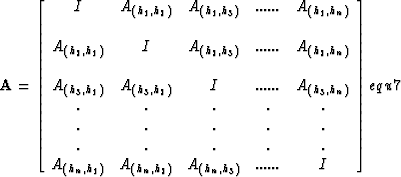 \begin{displaymath}
{\bf A}= \left[
 \begin{array}
{ccccc}
I & A_{(h_1,h_2)} & A...
 ... A_{(h_n,h_3)} &...... & I
 \end{array} \right]
\EQNLABEL{equ7}\end{displaymath}