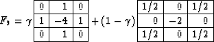 \begin{displaymath}
F_9 = \gamma\, 
\begin{array}
{\vert r\vert r\vert r\vert}
\...
 ...line
0 & -2 & 0 \\  \hline
1/2 & 0 & 1/2 \\  \hline \end{array}\end{displaymath}