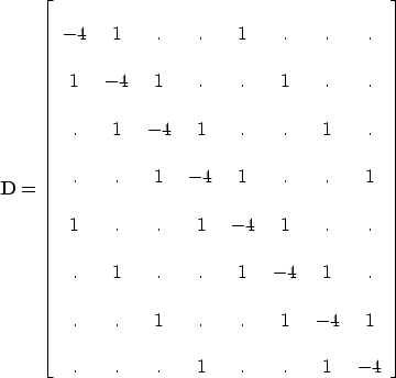 \begin{displaymath}
{\bf D} = \left[
\begin{array}
{cccccccc}
 & & & & & & & \\ ...
 ...& & & & \\ . & . & . & 1 & . & . & 1 & -4 \\ \end{array}\right]\end{displaymath}
