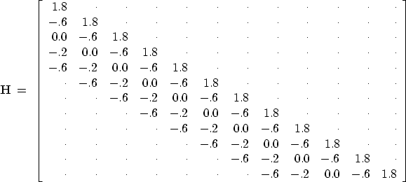 \begin{displaymath}
\bold H \ = \ \
\left[
\begin{array}
{rrrrrrrrrrrr}
 1.8&\cd...
 ...ot&\cdot&\cdot&\cdot& -.6& -.2& 0.0& -.6& 1.8\end{array}\right]\end{displaymath}