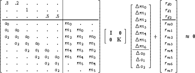 \begin{displaymath}
\left[ 
\begin{array}
{cccccc\vert ccc}
 .8 & .2 & . & . & ....
 ...r_{m6} \\  r_{m7}
 \end{array} \right] 
\quad \approx \ \bold 0\end{displaymath}