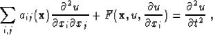 \begin{displaymath}
 \sum_{i,j} a_{ij} (\bold x)
 \frac{\partial^2 u}{\partial x...
 ...rtial u}{\partial x_i}) =
 \frac{\partial^2 u}{\partial t^2}\;,\end{displaymath}