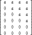\begin{displaymath}
\left[
\begin{array}
{cccc}
 a & a & a & a \\  0 & a & a & a...
 ...& 0 & a \\  0 & 0 & 0 & 0 \\  0 & 0 & 0 & 0 \end{array} \right]\end{displaymath}