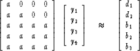 \begin{displaymath}
\left[
\begin{array}
{cccc}
 a & 0 & 0 & 0 \\  a & a & 0 & 0...
 ...y}
{c}
 d_1 \\  d_2 \\  b_1 \\  b_2 \\  b_3 \end{array} \right]\end{displaymath}