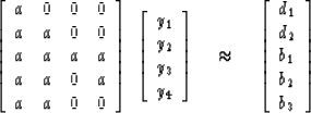 \begin{displaymath}
\left[
\begin{array}
{cccc}
 a & 0 & 0 & 0 \\  a & a & 0 & 0...
 ...y}
{c}
 d_1 \\  d_2 \\  b_1 \\  b_2 \\  b_3 \end{array} \right]\end{displaymath}