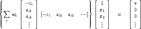 \begin{displaymath}
\left\{ \sum_{i} w_i 
\; \left[ 
\begin{array}
{c}
 -c_i \\ ...
 ...{array}
{c}
 v \\  
 0 \\  
 0 \\  
 \vdots \end{array} \right]\end{displaymath}