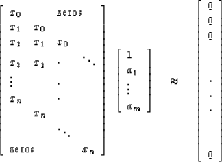 \begin{displaymath}
\left[
\begin{array}
{llll}
 x_0 & & \multicolumn{2}{l}{\hbo...
 ...\\  \cdot \\  \cdot \\  \cdot \\  \\  \\  0 \end{array} \right]\end{displaymath}
