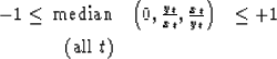 \begin{eqnarray}
-1 \leq\, \hbox{median} 
&\left( 0, {y_t \over x_t}, {x_t \over y_t}\right) &
\leq + 1 \nonumber \\ *
\hbox{(all}\;t) \nonumber\end{eqnarray}