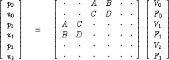 \begin{displaymath}
\left[ \begin{array}
{l} p_{0} \\  u_{0} \\  p_{1} \\  u_{1}...
 ...{0} \\  V_{1} \\  F_{1} \\  V_{2} \\  F_{2} \end{array} \right]\end{displaymath}