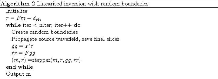 \begin{algorithm}
% latex2html id marker 92\caption{Linearised inversion with ...
...epper$(m,r,gg,rr)$}
\ENDWHILE
\STATE{Output m}
\end{algorithmic}\end{algorithm}