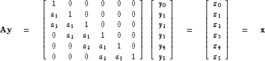 \begin{displaymath}
\bold A \bold y
\eq
\left[ 
\begin{array}
{cccccc}
 1 & 0 & ...
 ...\\  
 x_3 \\  
 x_4 \\  
 x_5
 \end{array} \right] 
\eq
\bold x\end{displaymath}