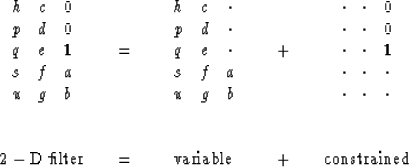 \begin{displaymath}
\begin{array}
{ccccc}
\begin{array}
{ccc}
h & c & 0 \\ p ...
...&
{\rm variable}
&\quad +\quad&
{\rm constrained}\end{array}\end{displaymath}