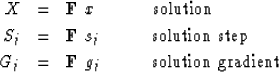 \begin{eqnarray}
X &=& \bold F \ x\ \quad\quad\quad {\rm solution} \\ S_j &=& \b...
 ...\\ G_j &=& \bold F \ g_j \quad\quad\quad {\rm solution\ gradient} \end{eqnarray}