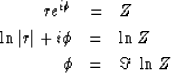 \begin{eqnarray}
r e^{i \phi} &=& Z \\ \ln \vert r\vert + i \phi &=& \ln Z \\ \phi &=& \Im\ \ln Z \end{eqnarray}