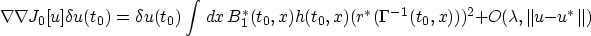 \begin{displaymath}
\nabla \nabla J_0[u] \delta u(t_0) = \delta u(t_0) \int \,dx...
 ...0,
x)(r^*(\Gamma^{-1}(t_0,x)))^2 + O(\lambda, \Vert u-u^*\Vert)\end{displaymath}