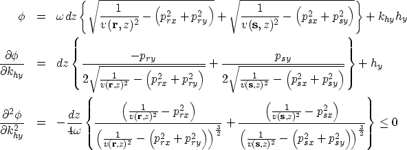 \begin{eqnarray}
\phi & = & \omega dz \left\{ \sqrt{\frac{1}{v(\bold r,z)^2} - \...
 ...{sx}^2 + p_{sy}^2 \right) \right)^{\frac{3}{2}}} 
\right\} 
\leq 0\end{eqnarray}