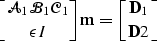 \begin{displaymath}
\left [\mathcal A_1 \mathcal{B}_1 \mathcal{C}_1\atop\epsilon I\right ] \bold m= \left [\bold D_1\atop\bold D2\right ]\end{displaymath}