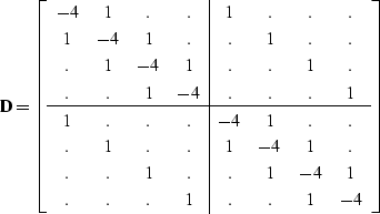 \begin{displaymath}
{\bf D} = \left[
\begin{array}
{cccc\vert cccc} 
-4 & 1 & . ...
 ... & 1 \\  
. & . & . & 1 & . & . & 1 & -4 \\  \end{array}\right]\end{displaymath}