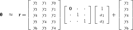 \begin{displaymath}
\bold 0
\quad \approx \quad
\bold r =
\left[ 
\begin{array}
...
 ..._2 \\  
 y_3 \\  
 y_4 \\  
 y_5 \\  
 y_6 \end{array} \right] \end{displaymath}
